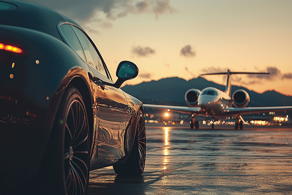 Airport transfer service with car parked in front of flight - Stress-free travel in major Indian cities.